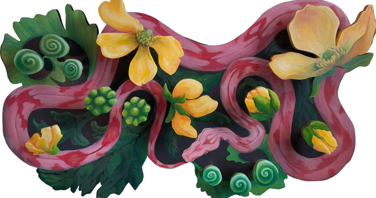 pink snake amid yellow buttercups and ferns - acrylic on plywood with dowels