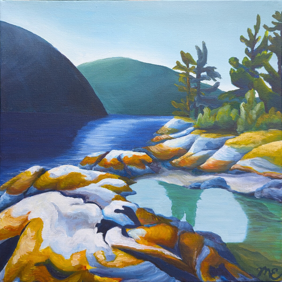 painting of rocks, ocean and trees at the end of Indian Arm
