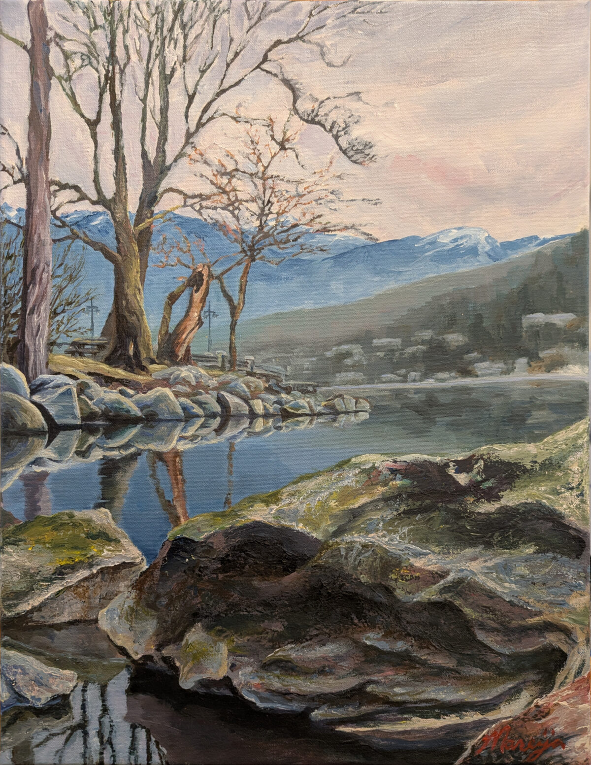 painting of Rocky Point Park during the winter when the trees are bare
